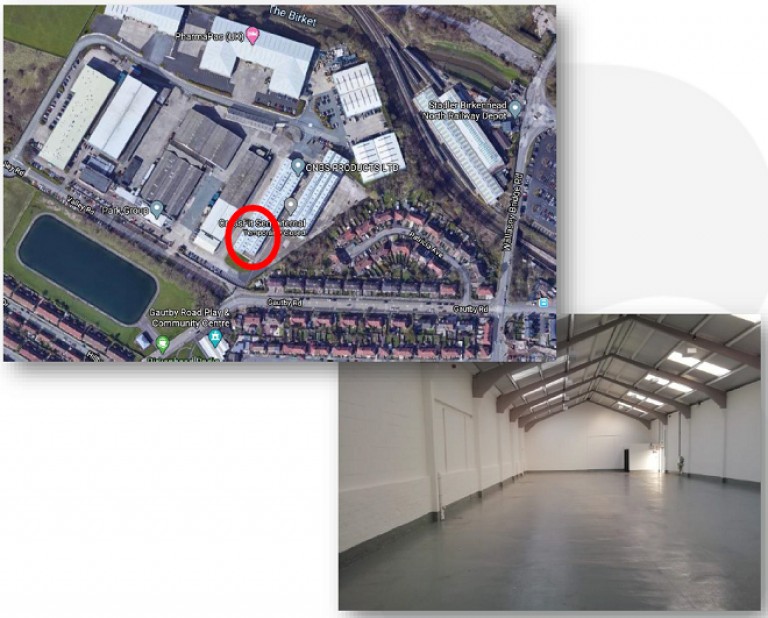 Aerial map view with a red circle marking a building, next to a photo showing the interior of a large, empty warehouse with white walls and high ceilings.