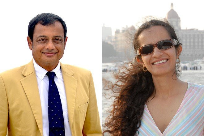 A man in a yellow suit and blue tie smiles at the camera on the left; a woman wearing sunglasses and a striped top smiles outdoors with a cityscape in the background on the right.