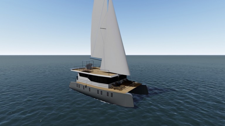 A modern catamaran yacht with white sails glides on calm blue ocean water under a clear sky.