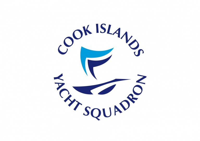 Logo for Cook Islands Yacht Squadron, featuring a stylised blue sailboat in the centre, with the group’s name written in a circular layout around the image on a white background.