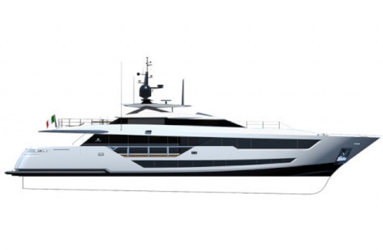 Side view illustration of a modern white luxury yacht with tinted windows, railings on the upper deck, aerials on the roof, and an Italian flag at the rear, set against a plain white background.