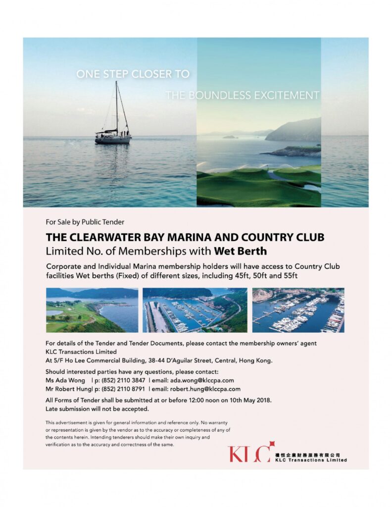 Advertisement for the sale of limited Wet Berth memberships at The Clearwater Bay Marina and Country Club, featuring images of a woman on a boat, aerial marina views, and contact details for KICL Transactions Limited.