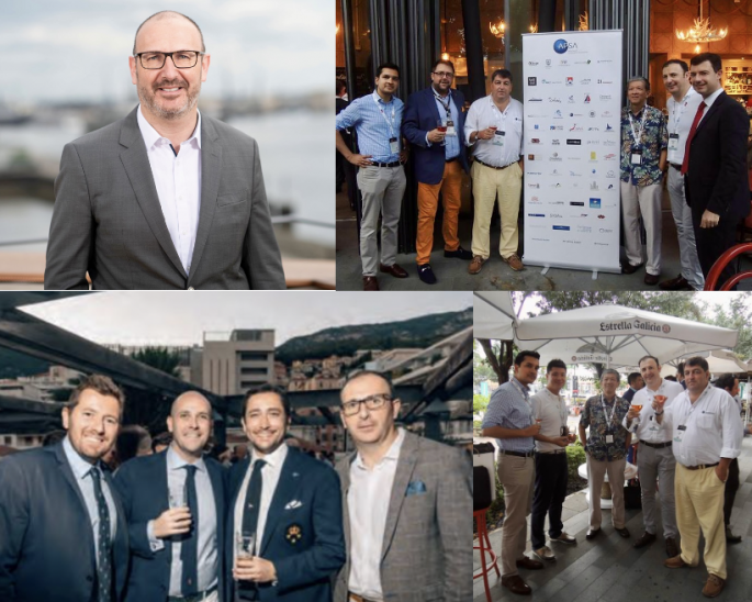 A collage of men in business or formal attire, posing together at outdoor and indoor events, some holding drinks; one photo features a man smiling alone, another has a banner with logos.
