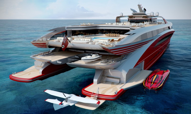 A luxurious modern yacht with red and white accents is anchored on clear blue water, featuring open decks, a pool, moored speedboats, a seaplane, and an inflatable watercraft.