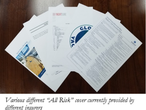 A stack of printed insurance documents from different companies, spread out on a wooden surface. Text below reads: Various different All Risks cover currently provided by different insurers.