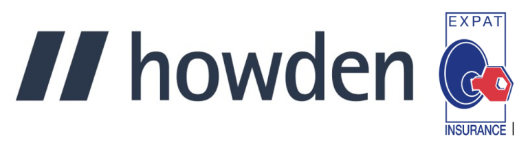 Logo featuring the word howden in dark blue lowercase letters and an emblem with the text EXPAT INSURANCE alongside blue and red graphic elements.