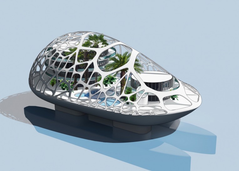 A futuristic building with a white, web-like outer shell encloses greenery, palm trees, and a pool on a minimal, raised platform against a light blue background.