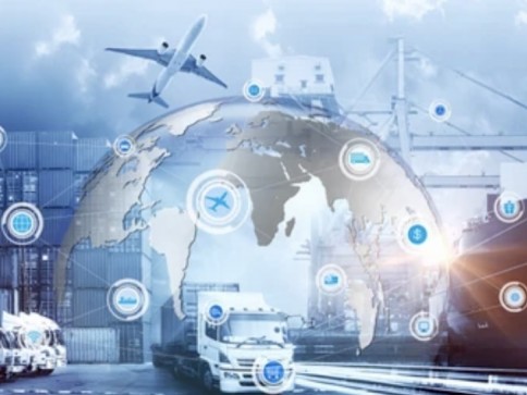 Digital illustration of a globe overlaid with icons representing transport modes, including a cargo ship, lorry, train, and aeroplane, symbolising global logistics and supply chain networks.