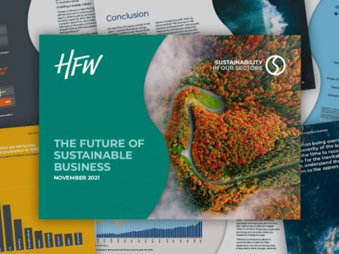 A report cover titled The Future of Sustainable Business, November 2021 with an aerial view of a winding road through a forest, overlaid on various pages with charts, graphs, and text about sustainability.