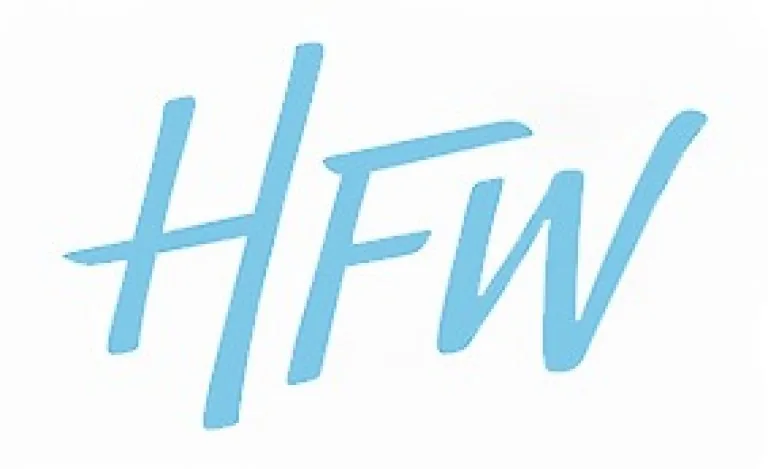 Light blue capital letters HFW in a handwritten-style font on a white background.