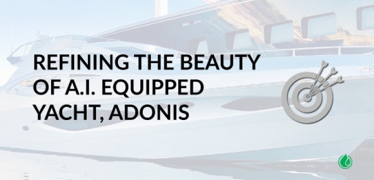 A luxury yacht is shown in the background with text overlay: “Refining the beauty of AI-equipped yacht, Adonis.” There is also a target icon with arrows next to the text.