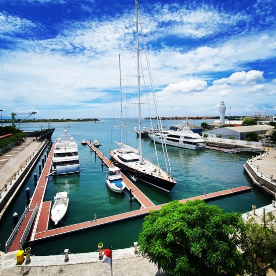 A marina with several large yachts and smaller boats moored along piers under a bright blue sky with scattered clouds, surrounded by waterfront walkways and lush greenery.