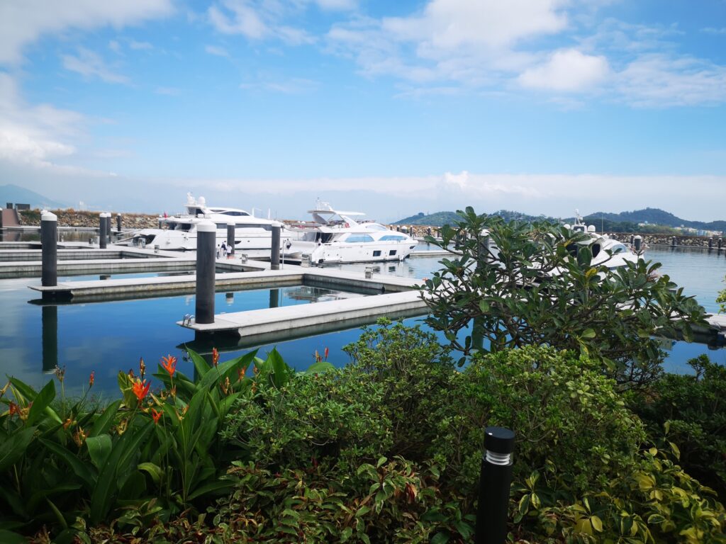 Luxury yachts are moored at a marina on calm water, with lush green bushes and flowering plants in the foreground and blue sky with clouds in the background.