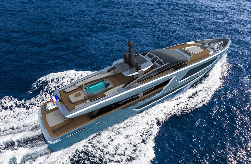 A luxury yacht sails through deep blue ocean water, leaving a white wake behind. The yacht features multiple decks, a swimming pool, and a flag at the stern. The weather is clear and sunny.