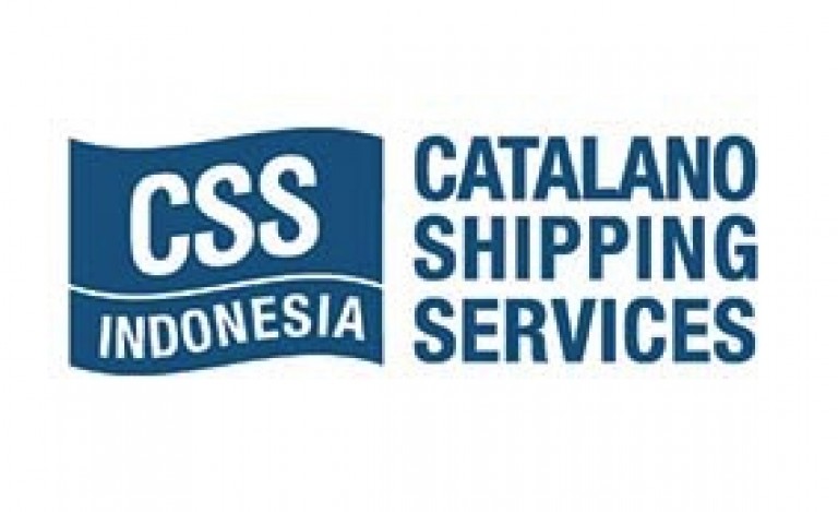 Logo of Catalano Shipping Services Indonesia, with CSS in bold white text on a blue wave-shaped background and INDONESIA below it, followed by CATALANO SHIPPING SERVICES in blue capital letters on a white background.