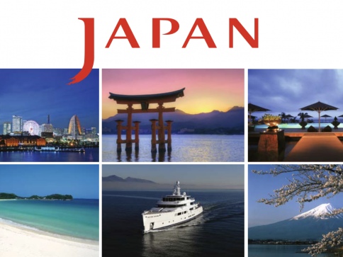 A collage featuring cityscapes, a torii gate at sunset, a luxury resort, a white sandy beach, a yacht at sea, and Mount Fuji with cherry blossoms, with the word JAPAN in bold red letters at the top.