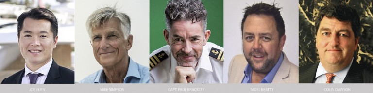 Five men are shown in individual headshots, each smiling or with a neutral expression. They are identified below their photos as Joe Veen, Mike Simpson, Capt Paul Brackley, Nigel Beatty, and Colin Dawson.