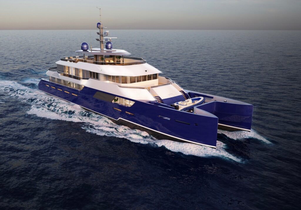 A large, modern blue and white yacht with multiple decks cruises across calm open water under a clear sky.