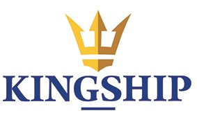 Logo with a gold trident above the word KINGSHIP in bold blue letters. A blue horizontal line with a vertical line underneath appears below the text.