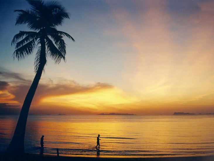 A palm tree leans over a sandy beach at sunset, with two people walking along the shoreline. The sky is filled with warm orange and yellow hues, reflecting on the calm sea.