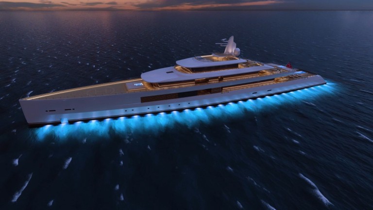 A sleek, modern yacht illuminated with blue lights sails on calm, dark ocean waters at sunset, with a glowing horizon in the background.
