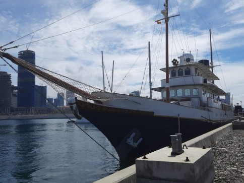 A large white yacht is moored at a pier, with city buildings and skyscrapers visible in the background under a partly cloudy sky.
