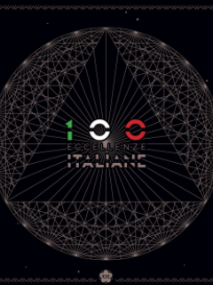 Black background with geometric white line patterns forming a circle and triangle. In the centre, text reads 100 Eccellenze Italiane, with the word 100 in green, white, and red resembling the Italian flag.