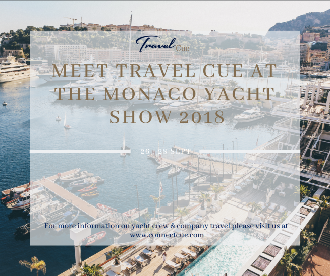 A marina filled with yachts and boats in Monaco, with an overlay text inviting viewers to meet Travel Cue at the Monaco Yacht Show 2018. The website www.connectcue.com is displayed at the bottom.