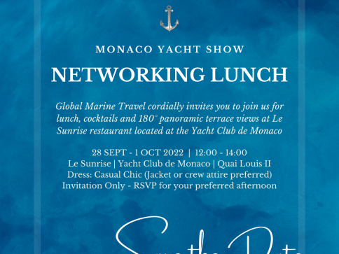Invitation for the Monaco Yacht Show Networking Lunch with event details, including date, time, location, dress code, and RSVP information, displayed on a blue, ocean-inspired background with a gold anchor at the top.