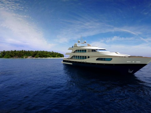 A large white luxury yacht sails on calm blue water near a lush green island under a clear, partly cloudy sky.