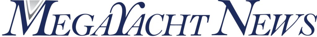 Logo for “MegaYacht News” in elegant, dark blue serif font, with the first letter M featuring a stylised silver and blue triangular design in its upper left corner.