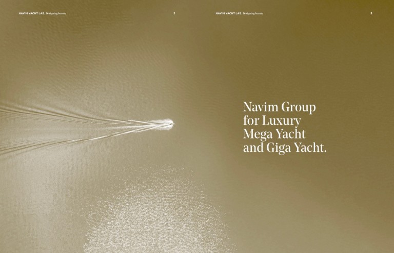 Aerial view of a yacht creating ripples in golden-brown water. Text on the right reads: Navim Group for Luxury Mega Yacht and Giga Yacht.