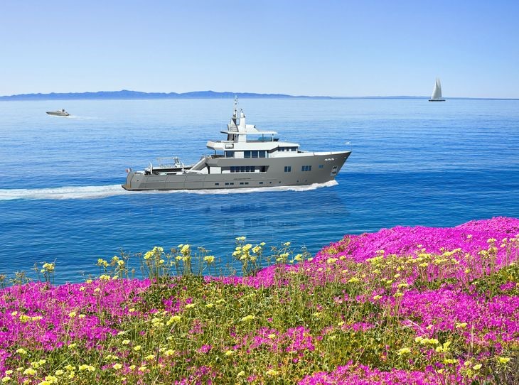 A large yacht sails on calm blue water near a coastline, with colourful pink and yellow wildflowers in the foreground and distant boats visible under a clear, sunny sky.
