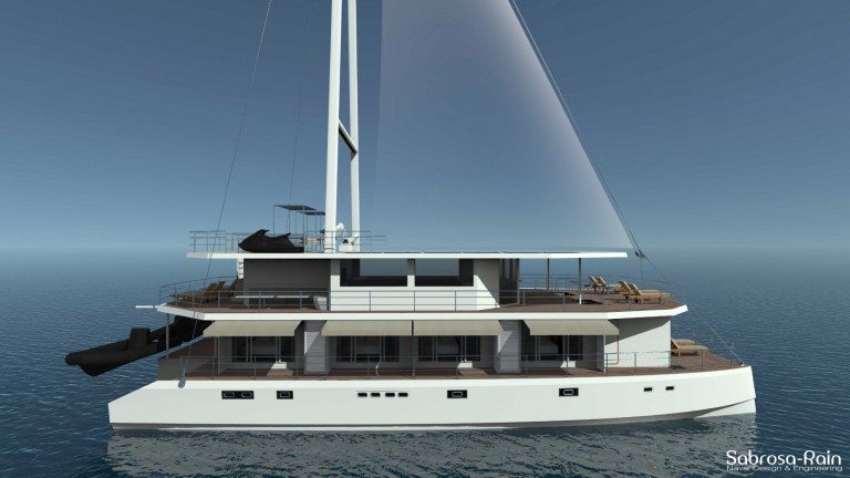 A modern, multi-deck white yacht with large windows and outdoor seating areas floats on calm blue water under a clear sky. The yacht features clean lines and luxurious design elements.