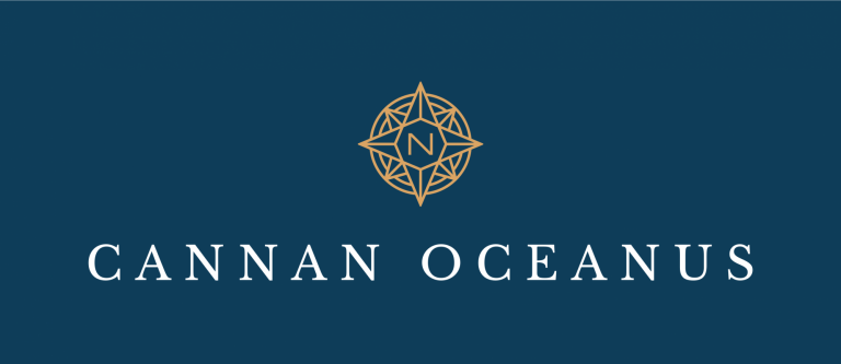 Logo with the words CANNAN OCEANUS in white capital letters on a blue background, featuring a gold compass design with the letter N above the text.