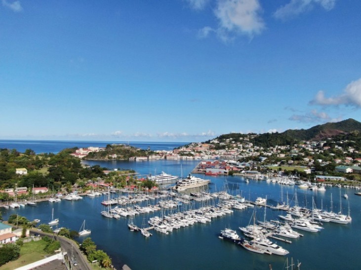 Aerial view of a marina with numerous white boats and yachts moored, surrounded by lush green hills, scattered buildings, and a blue sea under a clear sky.