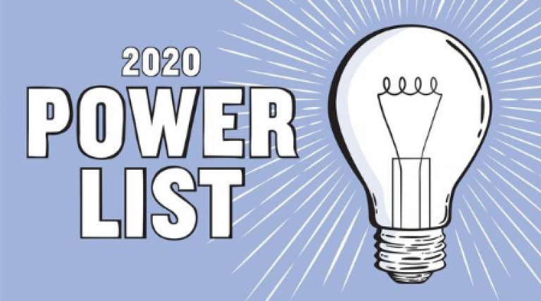 Illustration with the text 2020 Power List in bold white letters next to a large glowing light bulb on a blue background with radiating lines.