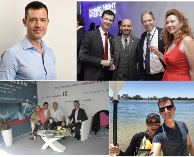 A collage of four images: a portrait of a man in a blue shirt, people in formal attire at an event, four people seated for a business meeting, and a man and woman smiling by a sunny waterside.