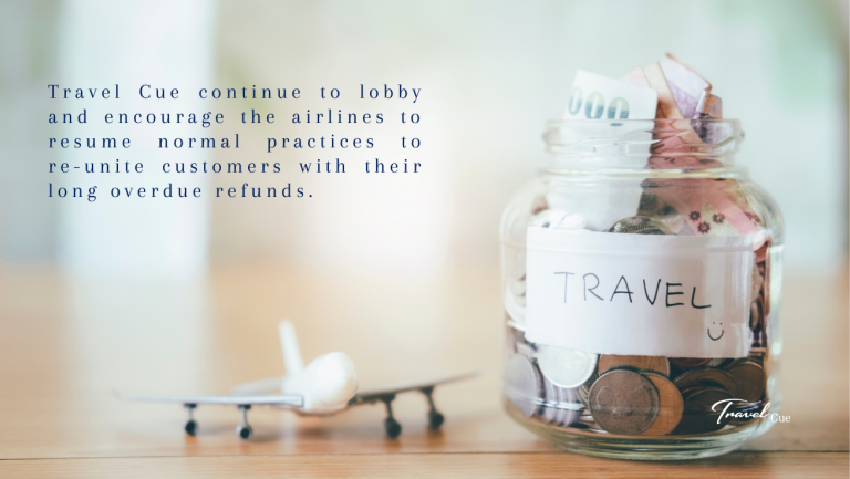 A jar labelled TRAVEL filled with coins and banknotes sits next to a small model aeroplane. Text on the image discusses lobbying airlines to resume refund practices for customers.