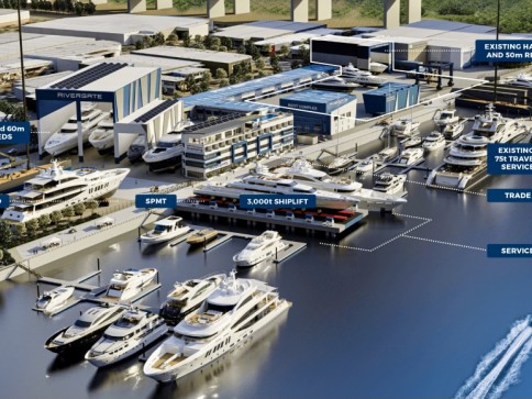 Aerial view of a large, modern marina with multiple yachts moored, surrounded by industrial buildings labelled for ship service and repair, including a 3,000T shiplift, travel lifts, and storage facilities.