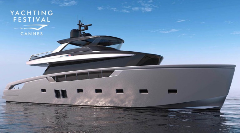 A sleek, modern yacht floats on calm water under a clear blue sky, with Yachting Festival Cannes logo in the top left corner.