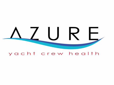Logo with the word AZURE in black above a stylised blue wave, and yacht crew health in red lowercase letters below.