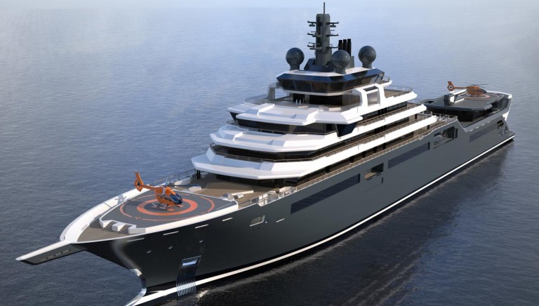 A large, modern luxury yacht with multiple decks sails on calm water. The yacht features a helipad with a helicopter and a crane on the bow, along with another helipad at the stern.