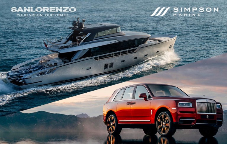 A luxury yacht sails on the ocean above a red Rolls-Royce SUV parked on land, featuring logos for Sanlorenzo and Simpson Marine.