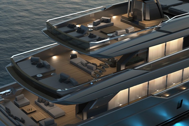 A luxury yacht at sunset features multiple decks with modern outdoor seating, soft lighting, and glass balustrades overlooking calm water.