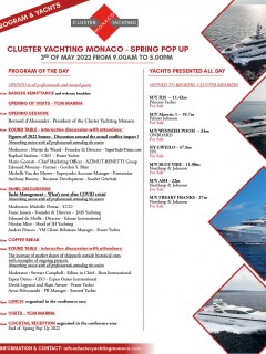 Event flyer for Cluster Yachting Monaco Spring Pop Up on 3 May 2022, showing event schedule, list of yachts, and photos of yachts at sea, with contact information at the bottom.