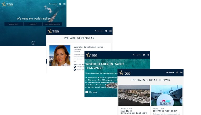 A collage of website pages for Sevenstar Yacht Transport, featuring a homepage with the slogan We make the world smaller, a team member profile, a yacht transport service page, and an upcoming boat shows announcement.