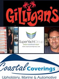A collage featuring the Gilligan’s logo, the Super Yacht Group Great Barrier Reef logo, a woman standing by an information board, a man smiling, and the Coastal Coverings logo with the tagline Upholstery, Marine & Automotive.