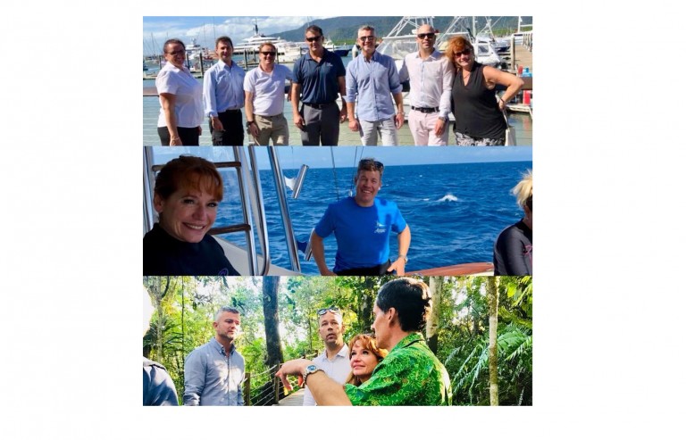 A collage of three photos: a group of people posing by a marina, a man and woman on a boat with sea behind them, and a group in a lush forest listening to a guide in a green shirt.