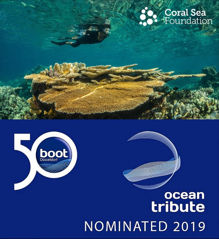A swimmer snorkels above coral reefs in clear water. Below, logos for 50 boot Düsseldorf and ocean tribute appear, with the text NOMINATED 2019 and Coral Sea Foundation in the top corner.